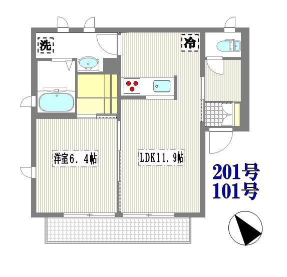 あざみ野南ヒルズD(1LDK/2階)の間取り写真