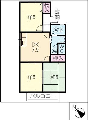 レジデンスバンノB棟(3DK/2階)の間取り写真