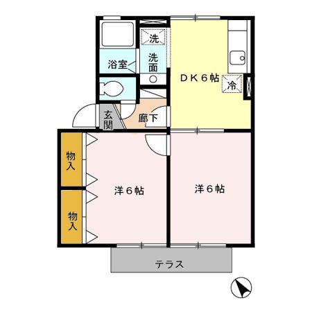 ウィルモア輝 B棟(2DK/1階)の間取り写真