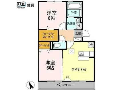 シャトーラトゥール II棟(2DK/1階)の間取り写真