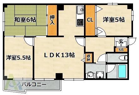 カルム湊川(3LDK/6階)の間取り写真