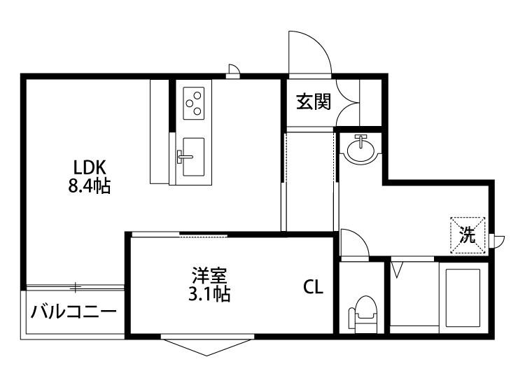 ラテ古町(1LDK/3階)の間取り写真