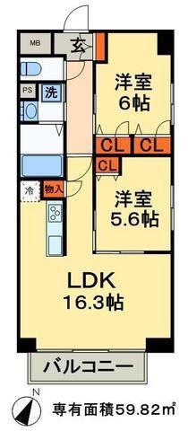プリムベール新田(2LDK/2階)の間取り写真