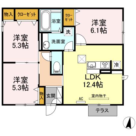 平屋 B棟(3LDK/1階)の間取り写真