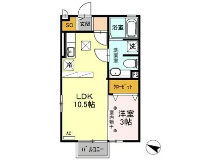 ミリュー・ヴィラージュ(1LDK/1階)の間取り写真