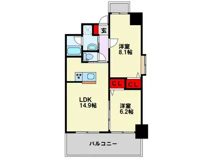 グランドツイン黒崎 A棟(2LDK/12階)の間取り写真