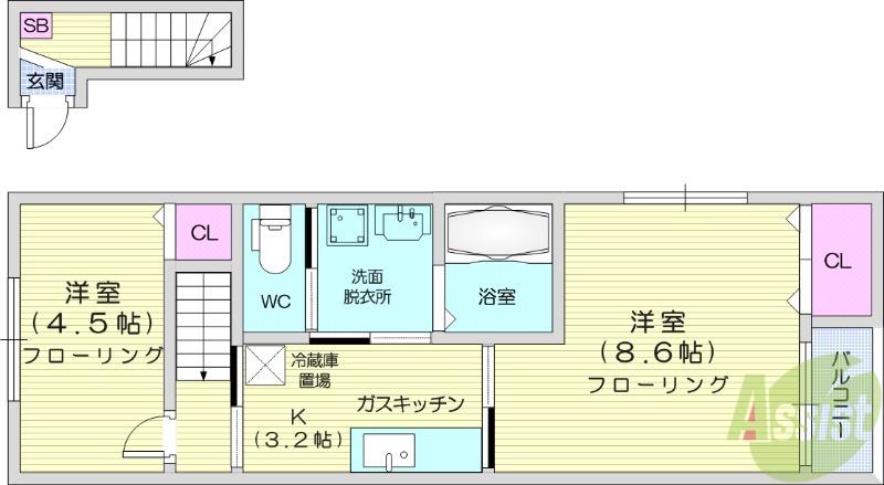 ペシュールB(1LDK/2階)の間取り写真
