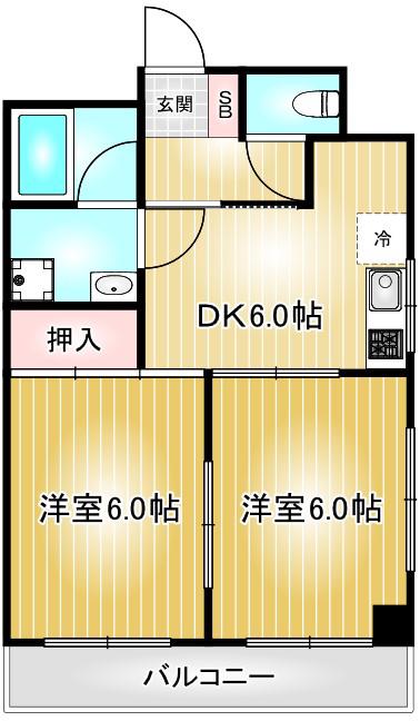 ハニーハイツ渡辺II(2DK/6階)の間取り写真