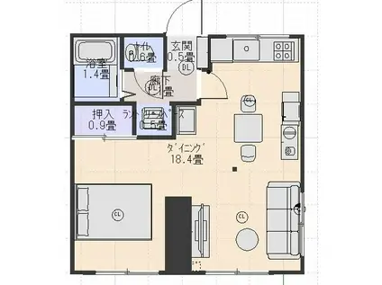 ビューパレーせしも B棟(ワンルーム/1階)の間取り写真