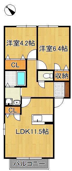 フェリーチェ学研台II B棟(2LDK/2階)の間取り写真