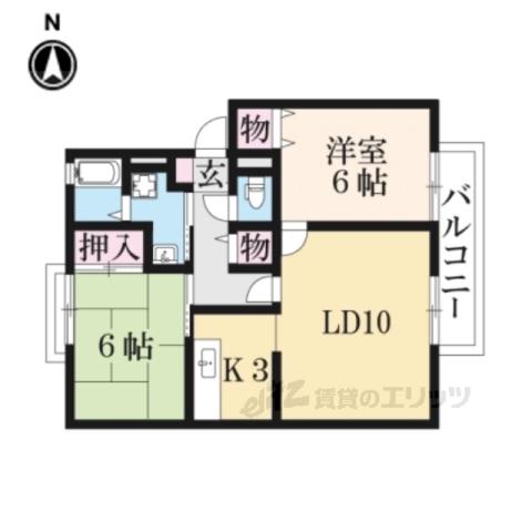 カルチェ東香里2A棟(2LDK/1階)の間取り写真