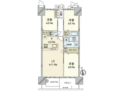 ロイヤルガーデン京山(3LDK/15階)の間取り写真
