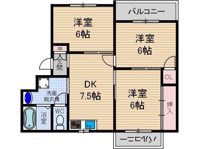 プラスコート南耳原(3DK/1階)の間取り写真