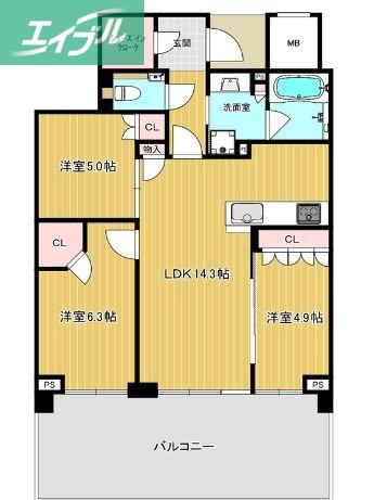 ライオンズタワー岡山千日前(3LDK/20階)の間取り写真