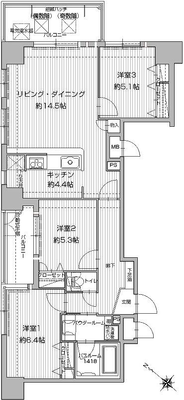 アクタス渡辺通パークシティ(3LDK/10階)の間取り写真