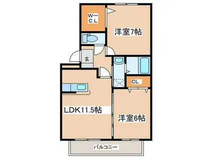 ロイヤルブルーB棟(2LDK/1階)の間取り写真