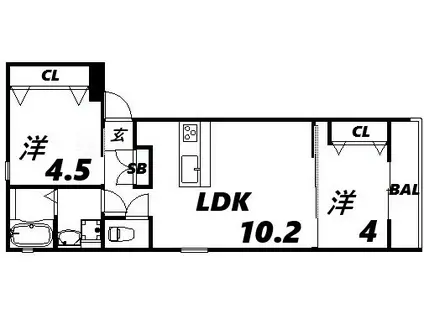 ブロンテ猪名寺(2LDK/1階)の間取り写真