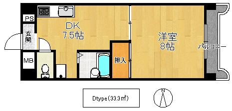鶴見緑地ハイツ弐番館(1DK/6階)の間取り写真
