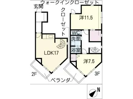 ヒルサイド竹の山(2LDK/3階)の間取り写真