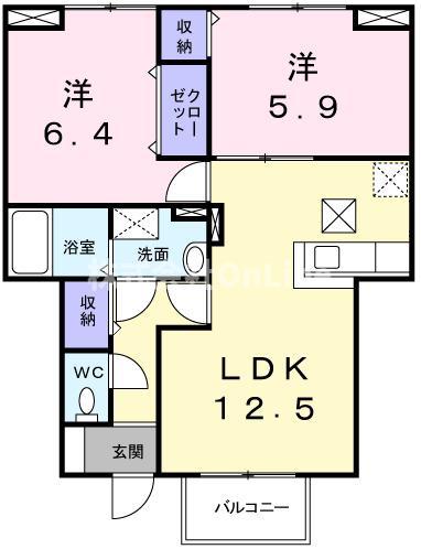 ディオーネ・ジエータ・ウエスト(2LDK/1階)の間取り写真