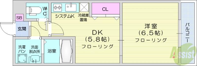 ベルメゾン新田東(1DK/6階)の間取り写真