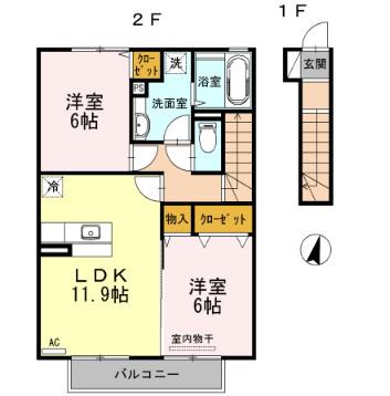 ヴィラコートJ3(2LDK/2階)の間取り写真