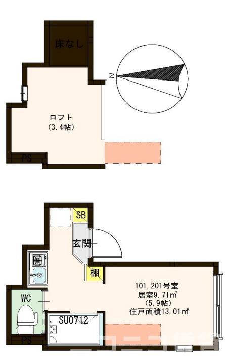 ハーモニーテラス氷川町(ワンルーム/2階)の間取り写真
