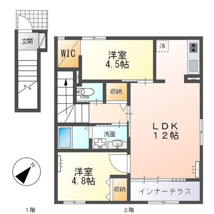 フロレゾン柏FLORAISON KASHIWA(2LDK/2階)の間取り写真