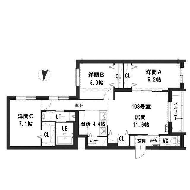グランメール北3西22(3LDK/1階)の間取り写真