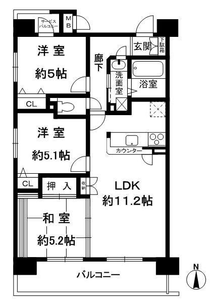 ビューネなんば(3LDK/7階)の間取り写真
