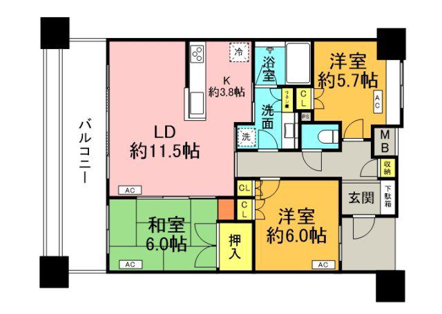 ファーストレジデンス紙屋町(3LDK/13階)の間取り写真