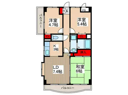 リレント谷塚(3LDK/8階)の間取り写真