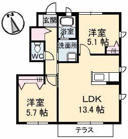 セントラル ヴィラッジュ C棟(2LDK/1階)の間取り写真