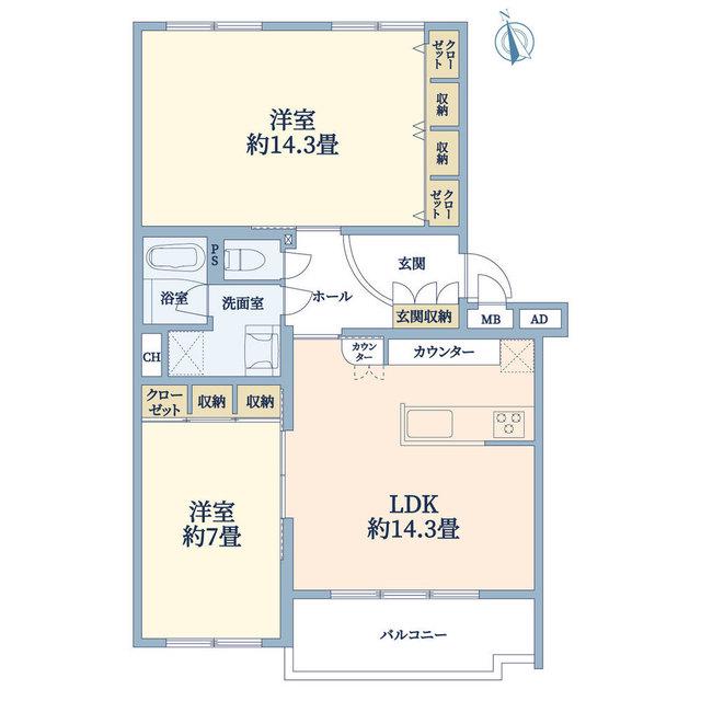 コートハウス玉川1号棟(2LDK/1階)の間取り写真