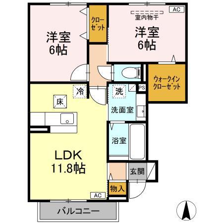 ヴィラージュ B棟(2LDK/1階)の間取り写真