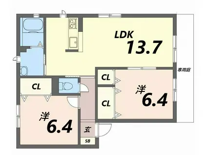 CASA BELLA NOZATO B棟(2LDK/1階)の間取り写真