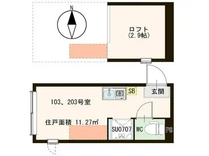 エルキュールテラス(ワンルーム/2階)の間取り写真