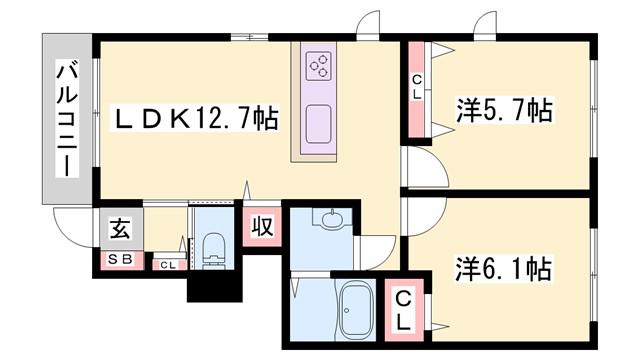 アルフラット小野(2LDK/1階)の間取り写真
