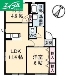 フォンテーヌ大福B(2LDK/1階)の間取り写真