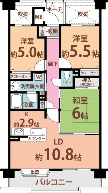 ダイアパレス池田五月丘PL(3LDK/地下階)の間取り写真