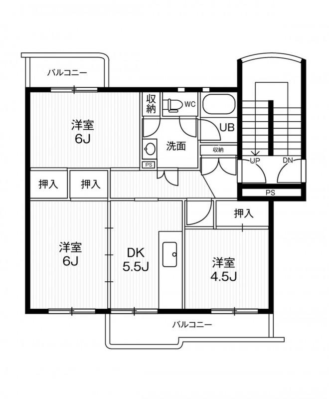 ビレッジハウス井之口3号棟(3DK/5階)の間取り写真