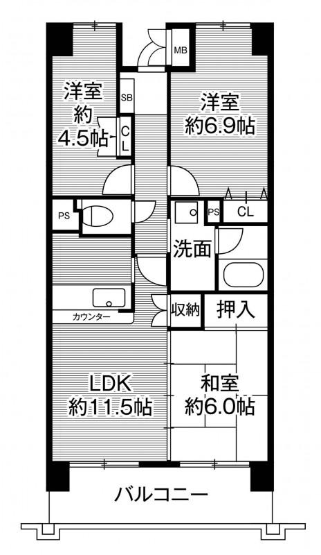 ビレッジハウス京ヶ峰タワー1号棟(3DK/2階)の間取り写真