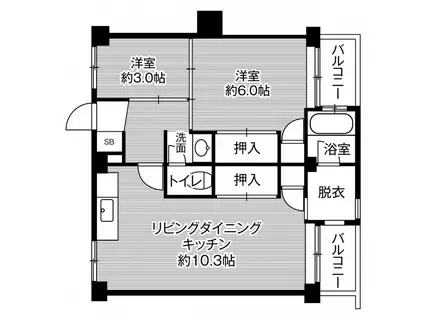 ビレッジハウス古賀 3号棟(2LDK/4階)の間取り写真