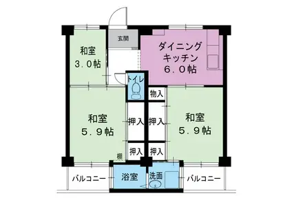 ビレッジハウス加賀田 1号棟(3DK/2階)の間取り写真