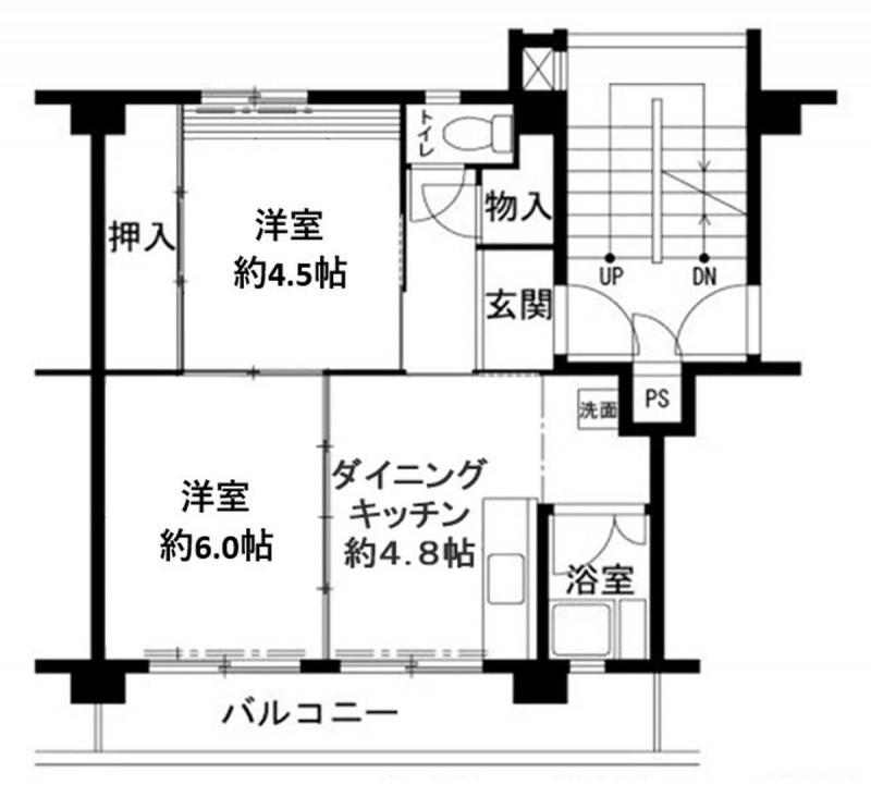 ビレッジハウス鳴滝2号棟(2DK/2階)の間取り写真