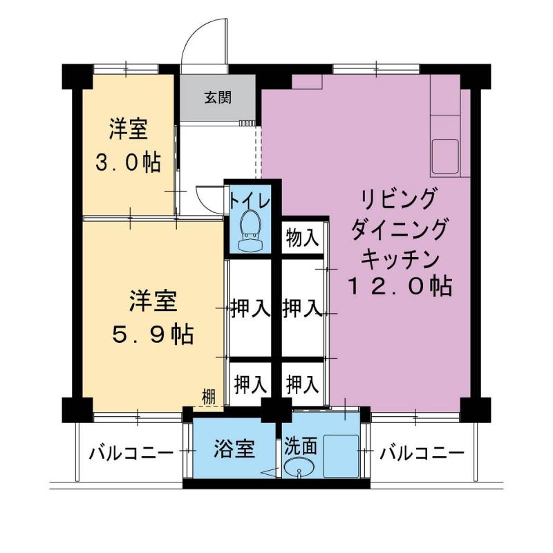 ビレッジハウス葛ノ葉 4号棟(2LDK/4階)の間取り写真