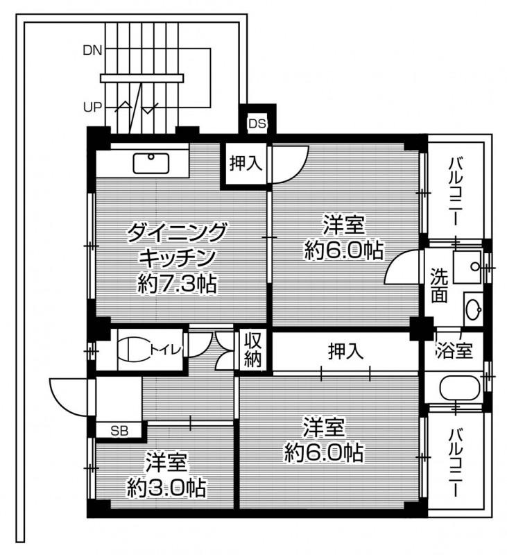 ビレッジハウス私部 2号棟(3DK/3階)の間取り写真