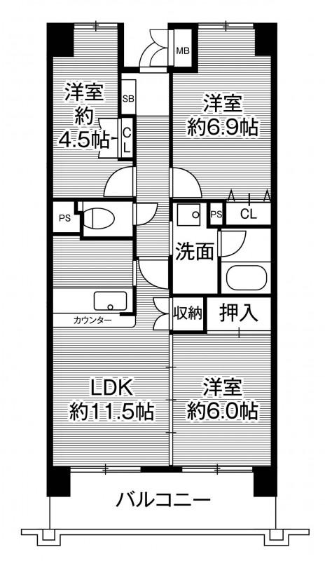 ビレッジハウス京ヶ峰タワー1号棟(3DK/7階)の間取り写真