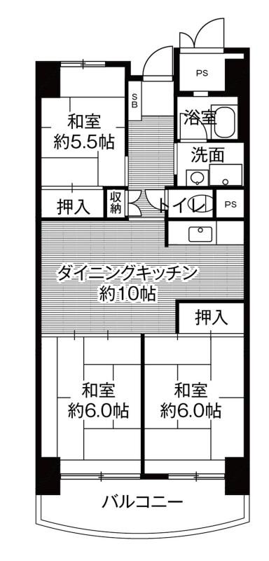 ビレッジハウス香椎浜タワー1号棟(3DK/3階)の間取り写真
