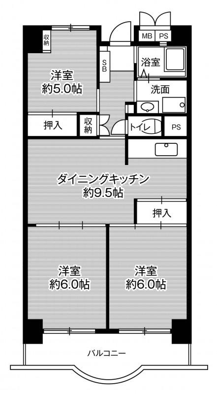 ビレッジハウス浜松タワー1号棟(3DK/5階)の間取り写真